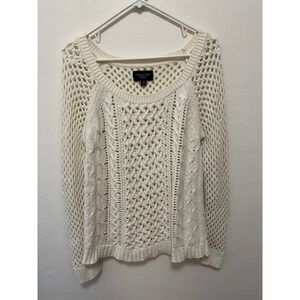 American Eagle Knit Sweater Women‎ Medium Ivory Wool Blend Open Weave Pullover